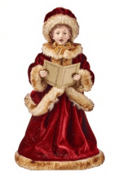 Red velvet caroler figurine with fur trim holding songbook, 13-16 inch