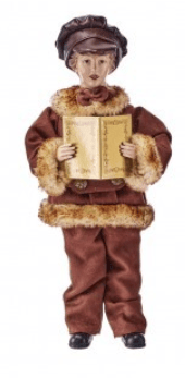 Boy velvet caroler figurine in brown fur-trimmed coat holding songbook