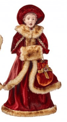 Red velvet caroler figurine with fur trim, hat, and velvet handbag