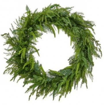 36 inch artificial mixed evergreen wreath with lush layered green foliage on white background