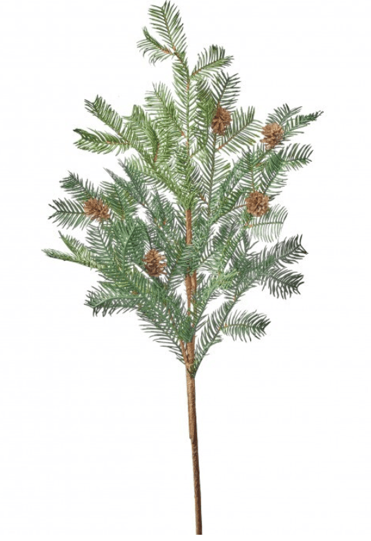 Artificial 28-inch hemlock spray with green needles and small brown pinecones on bare stem