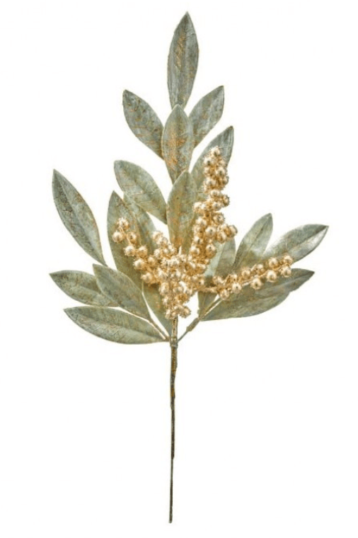 Artificial bay leaf pick with sage green leaves and gold metallic berry clusters, 18 inches