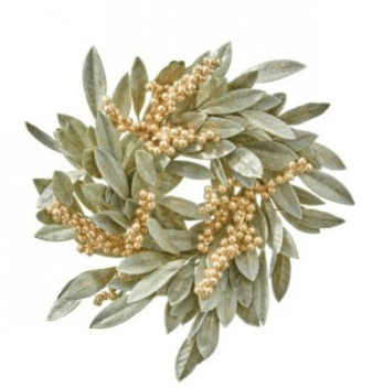 16-inch artificial bay leaf wreath with sage green leaves and gold berry clusters