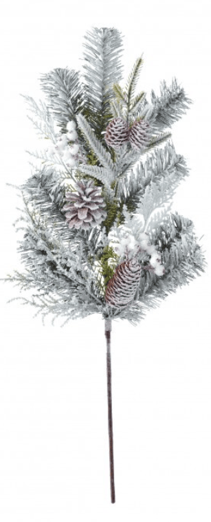 Frosted evergreen spray with pinecones and snow-dusted foliage on single stem