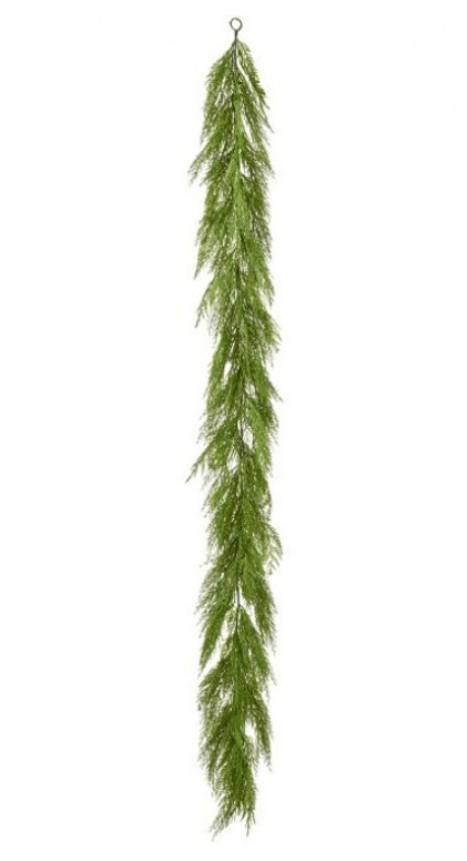Hanging 60-inch artificial cedar garland with feathery green foliage on white background