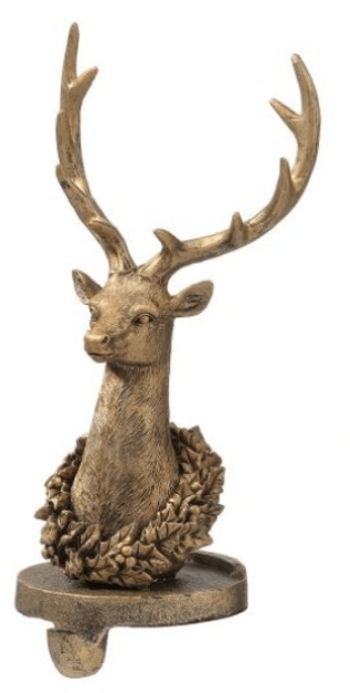 Gold resin deer stocking holder with antlers and wreath collar on mantel hook