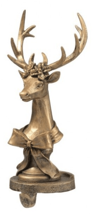 Gold resin deer bust stocking holder with antlers, floral crown, and bow