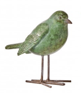 Antique green resin bird figurine with thin metal legs, 8.5 inches tall