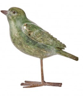 Green antique-finish resin bird figurine with rustic metal feet, 8.5 inch