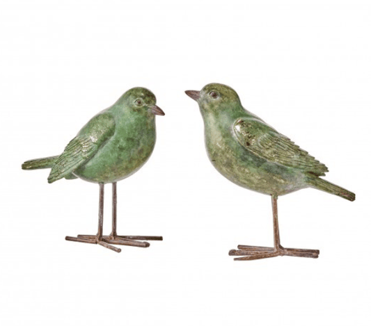 Two antique green resin bird figurines with metal feet, 8.5 inches tall