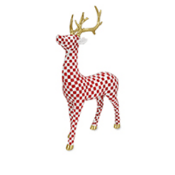 Red and white checkered standing deer figurine with gold antlers and hooves