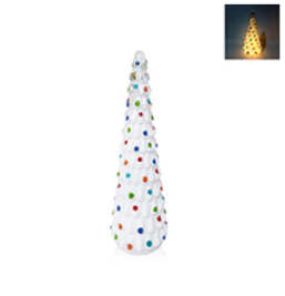 White ceramic cone Christmas tree with multicolor polka dots, lights up warm glow
