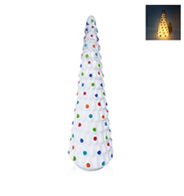 White ceramic Christmas tree cone with multicolor polka dots, glows warm yellow when lit