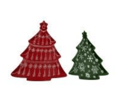 Red and green ceramic Christmas tree plates with snowflake patterns, set of 2