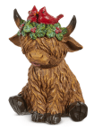 Ceramic highland cow figurine with red cardinal flower crown, brown fluffy texture