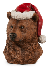 Brown bear bust figurine wearing a red Santa hat, 10 inch resin sculpture