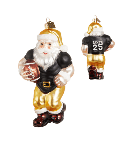 Glass Santa football player ornament in black and gold jersey, number 25