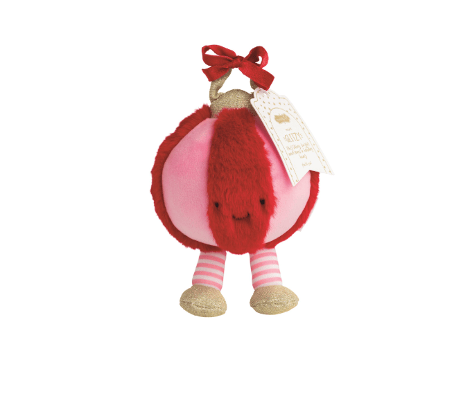 Mud Pie holiday plush ornament toy with pink striped legs and red bow