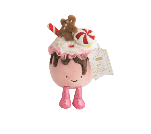 Mudpie holiday hot cocoa plush toy with gingerbread man, peppermint, and pink glitter legs