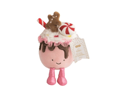 Mudpie holiday hot cocoa plush toy with gingerbread man, peppermint, and pink glitter legs