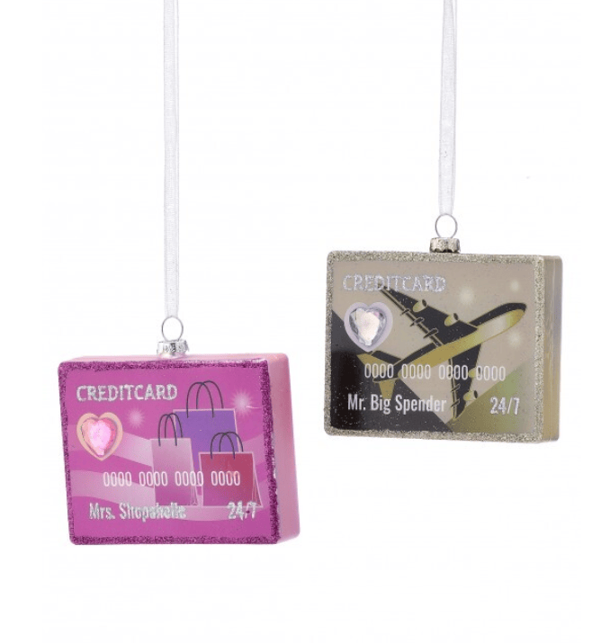 Glass credit card Christmas ornaments in pink and gold, set of 2 styles