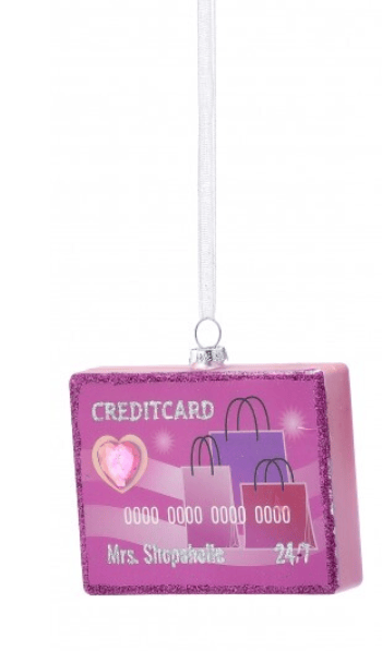 Pink glitter glass credit card Christmas ornament with shopping bags design on white ribbon