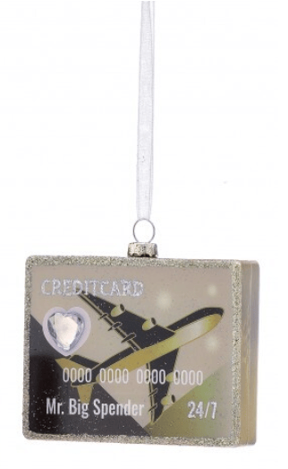 Glass credit card Christmas ornament with airplane design, glitter edges, and Mr. Big Spender text