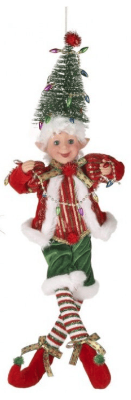 18-inch fabric Christmas elf doll with miniature tree hat and colorful light accents