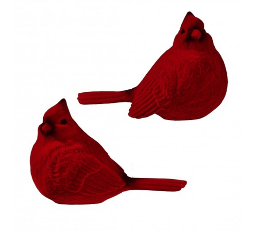 Two red flocked resin cardinal bird figurines in slightly different poses