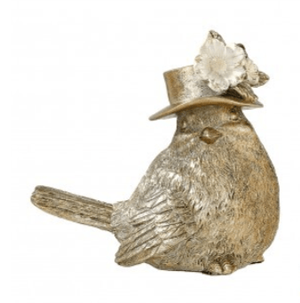 Gold resin bird figurine wearing a decorative hat with white flower accent