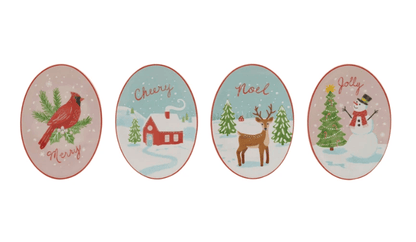 Set of four oval stoneware holiday dishes with cardinal, snowhouse, reindeer, and snowman designs