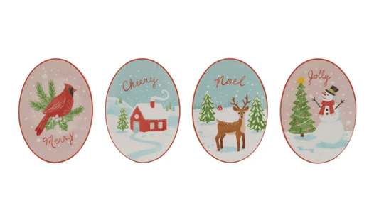 Set of four oval stoneware holiday dishes with cardinal, snowhouse, reindeer, and snowman designs