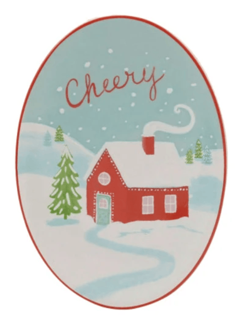 Oval stoneware dish with red cottage winter snow scene and Cheery script