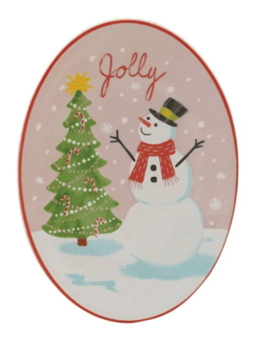 Oval stoneware dish with jolly snowman, Christmas tree, and red border