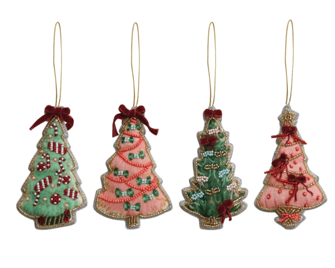 Set of 4 handmade beaded fabric Christmas tree ornaments in pink and green