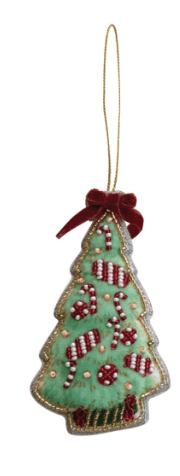 Handmade green beaded fabric Christmas tree ornament with candy canes and red velvet bow