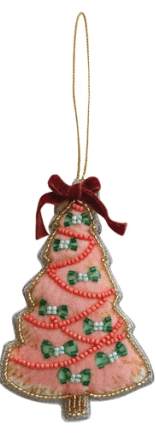 Pink felt Christmas tree ornament with beaded details and red velvet bow