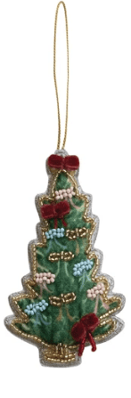 Handmade beaded fabric Christmas tree ornament in green with red bows and gold accents