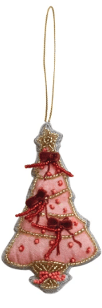 Pink felt Christmas tree ornament with gold and red beaded embellishments and hanging cord