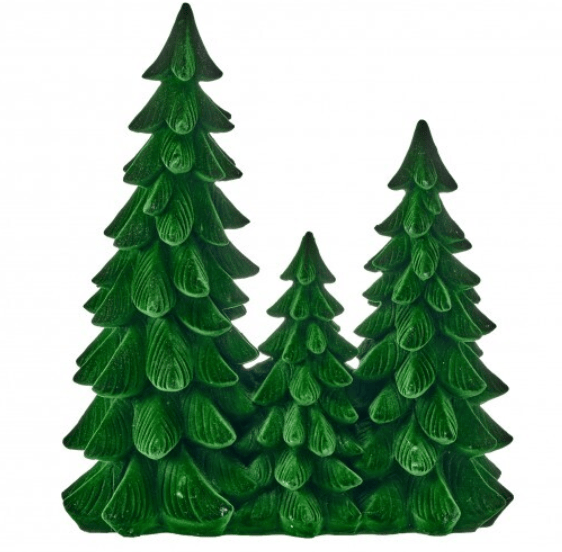 Emerald green velveted resin triple Christmas tree grove figurine, 14 inch