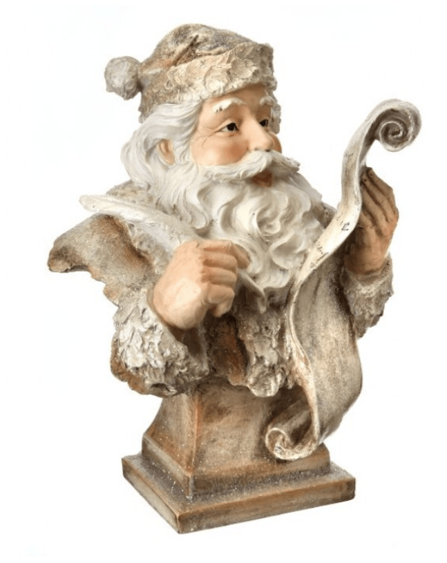16-inch resin Santa Claus bust figurine holding scroll list in champagne and buff tones
