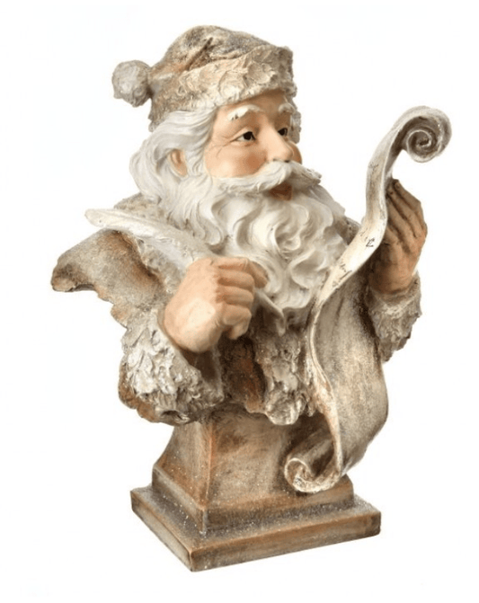 16-inch resin Santa Claus bust figurine holding scroll list in champagne and buff tones