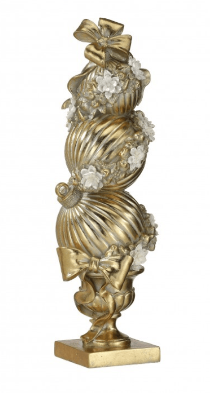18-inch gold resin magnolia topiary with white blossoms, bows, and pedestal base