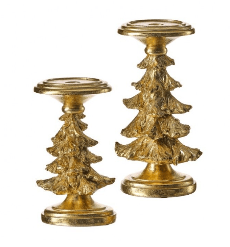 Set of two gold resin Christmas tree pillar candle holders, small and large