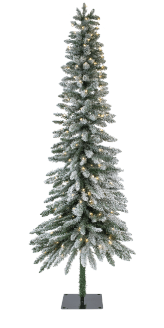 Slim flocked artificial alpine Christmas tree with warm white lights on metal stand