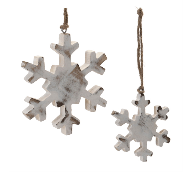 Two rustic whitewashed wood snowflake ornaments with jute twine hangers, large and small sizes