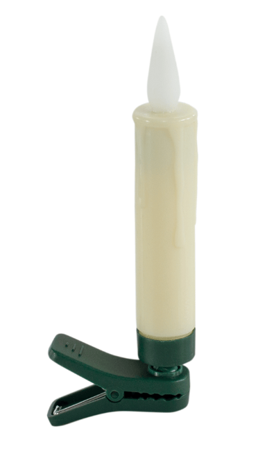 Cream battery candle with white flame tip on green plastic clip holder