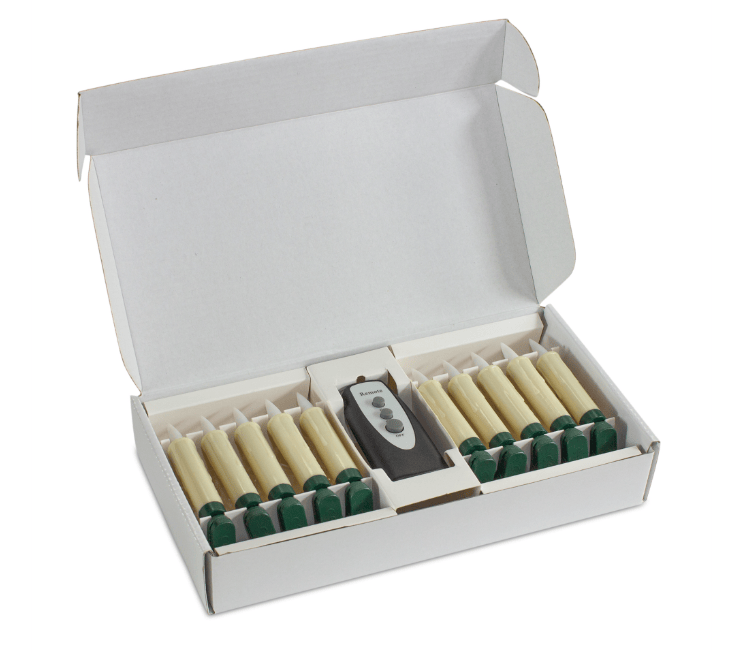 Box of 20 ivory and green flameless LED candles with remote control