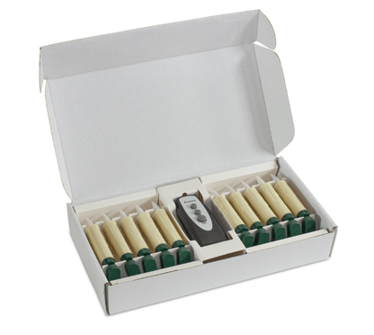 Box of 20 ivory and green flameless LED candles with remote control