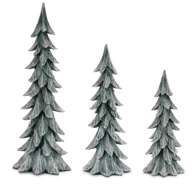 Set of three snow-dusted resin Christmas trees in graduated heights, green with white finish